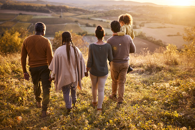 Rear view of a family walking in a valley